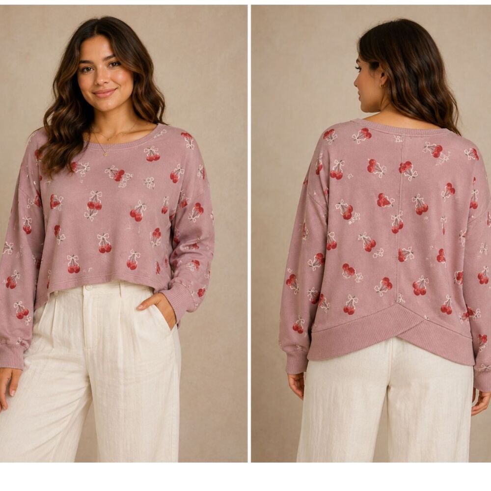Lucky Brand Mauve Sweater All Over Cherry Motif Relaxed Fit Crop Style Size L